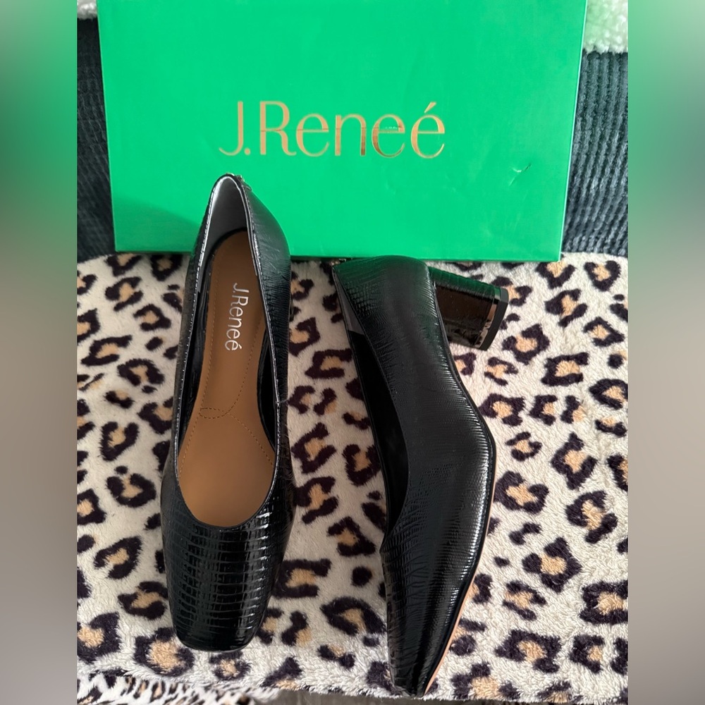 J Renee Black Lizard Print Square Toe Block Heels Women's Shoes Size 8 Church